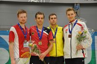 V.l.: Silbermedaillengewinner Henri Hurskainen (SWE), Europameister Marc Zwiebler sowie die beiden EM-Dritten Jan Ø. Jørgensen und Viktor Axelsen (beide Dänemark). Marc Zwiebler gab im Turnierverlauf keinen Satz ab. Foto: dbv/cp.