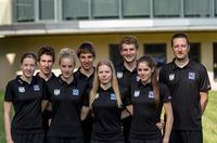 Die DTU-Junioren beim Trainingslager in Saarbrücken: (v.l.) Charlotte Ahrens, Jonas Breinlinger, Laura Sprißler, Lasse Priester, Laura Lindemann, Uli Hagmann und Sarah Wilm, Bundestrainer Thomas Möller. Foto: DTU/Kleindl.